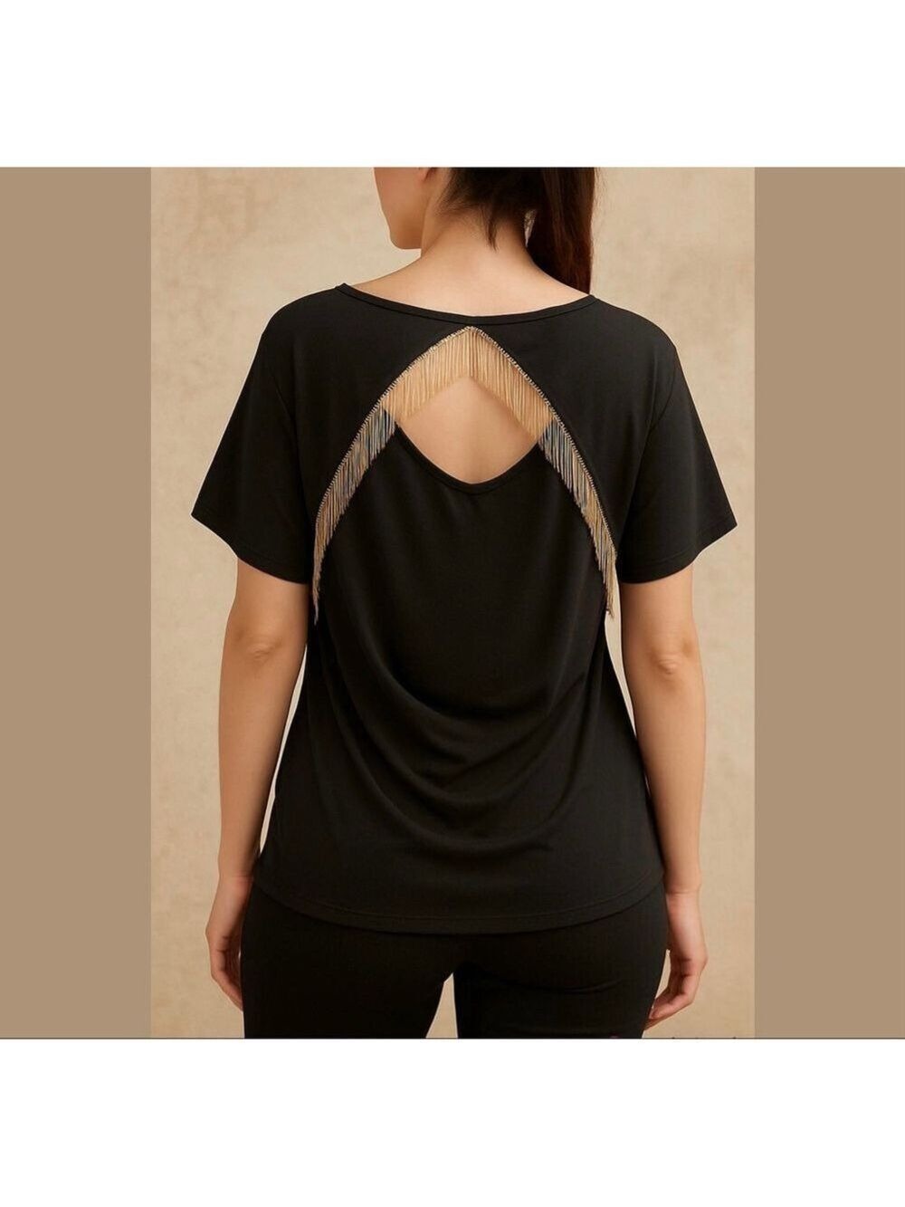 Lucky 777 Cotton top blouse with gold metallic tassels on a back grey Sz 3XL